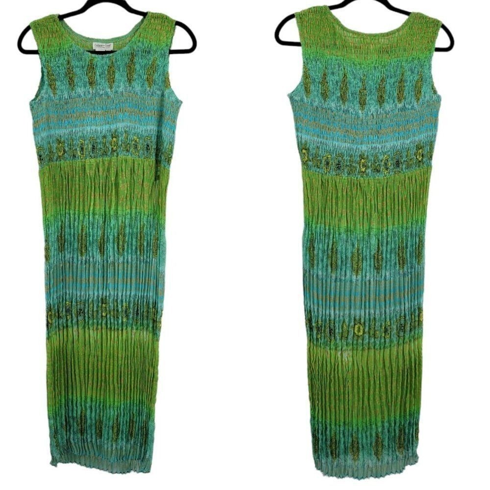 Vtg 90s Festival Smocked Crinkle Colorful Maxi Dress Sz 6P Blue Paisley Stretch - Picture 3 of 12